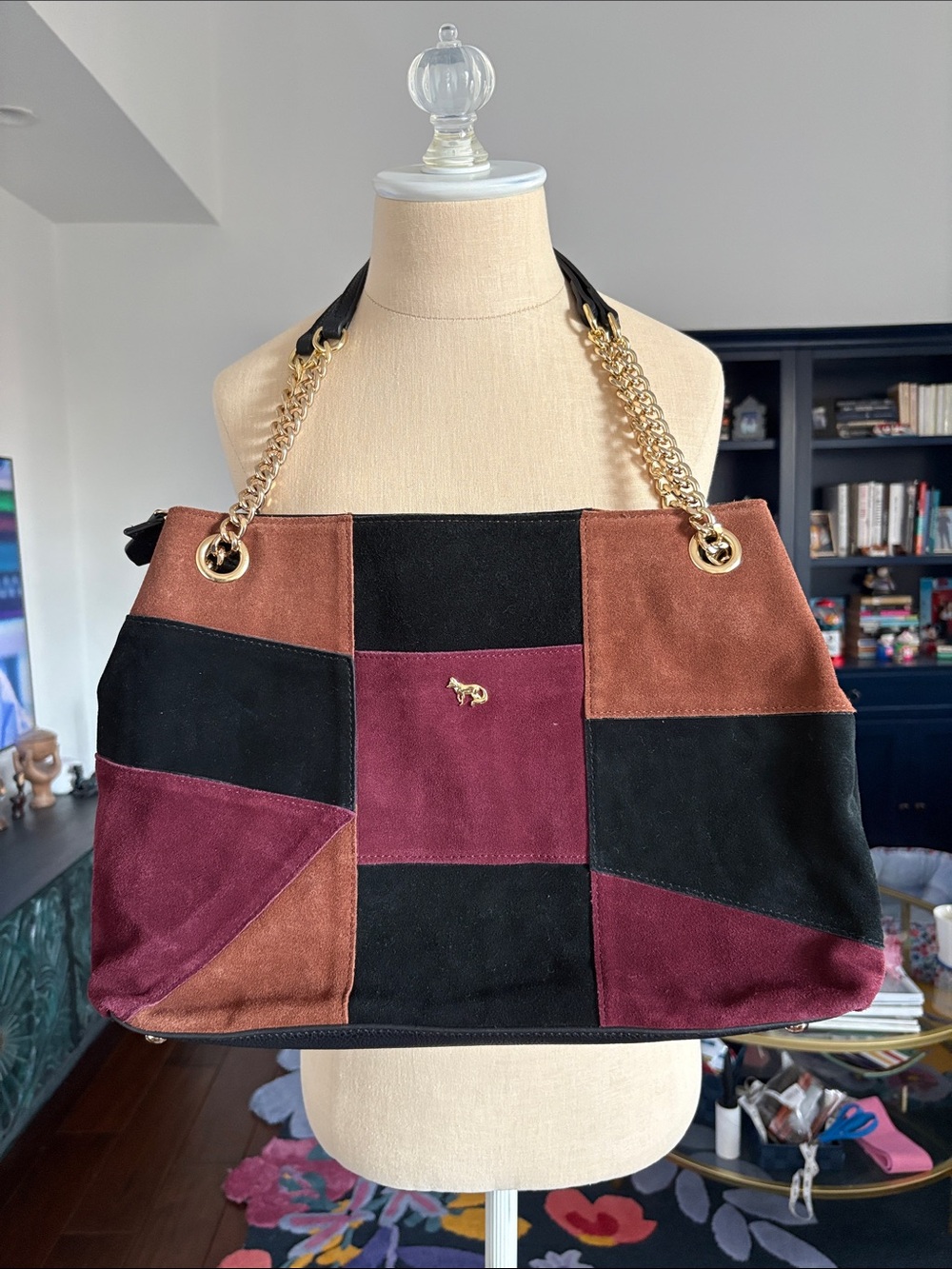 Emma Fox brown, black & burgundy patchwork leather bag